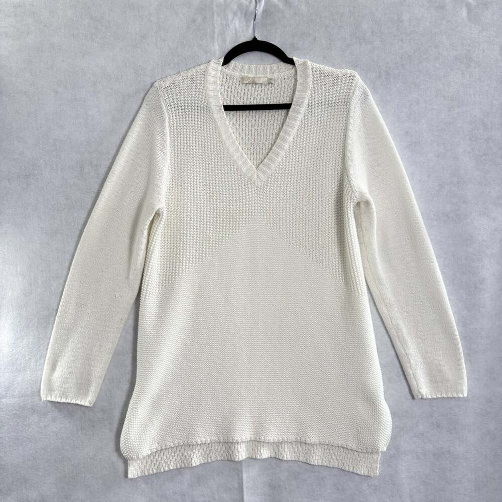 PRANA Women Pullover Long Sleeve Textured Knit V Neck Sweater Sz L Ivory 47-1